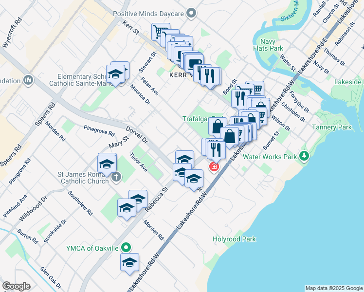 map of restaurants, bars, coffee shops, grocery stores, and more near 223 Rebecca Street in Oakville