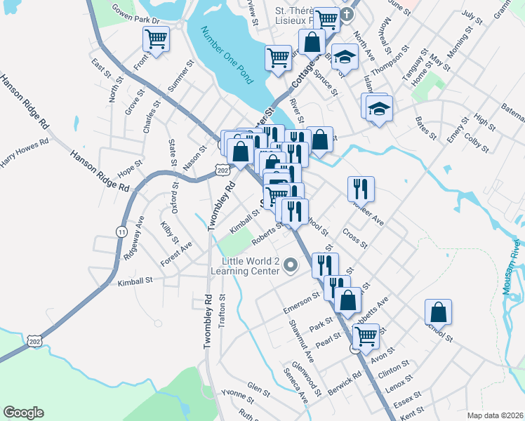 map of restaurants, bars, coffee shops, grocery stores, and more near 12 Kimball Street in Sanford