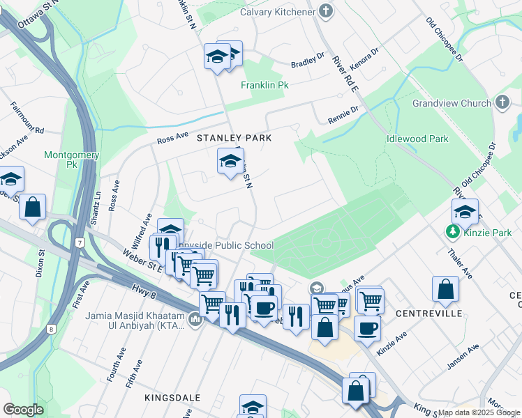 map of restaurants, bars, coffee shops, grocery stores, and more near in Kitchener