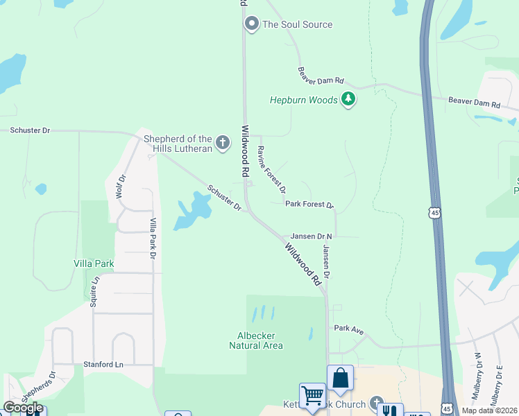 map of restaurants, bars, coffee shops, grocery stores, and more near 1403 Wildwood Road in West Bend