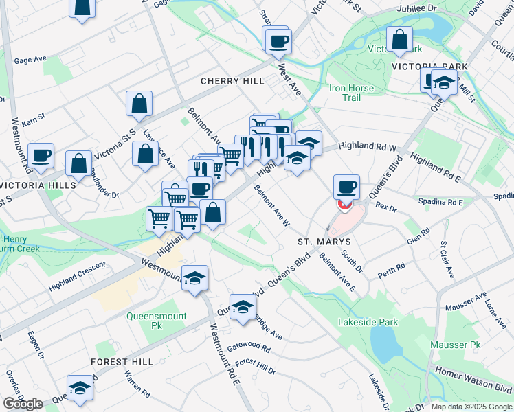 map of restaurants, bars, coffee shops, grocery stores, and more near Marlborough Avenue in Kitchener