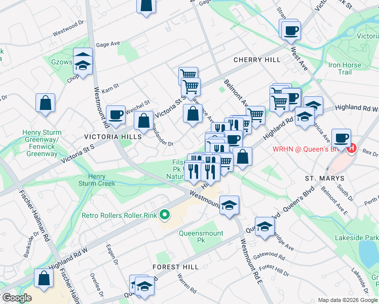 map of restaurants, bars, coffee shops, grocery stores, and more near 29 Paulander Drive in Kitchener