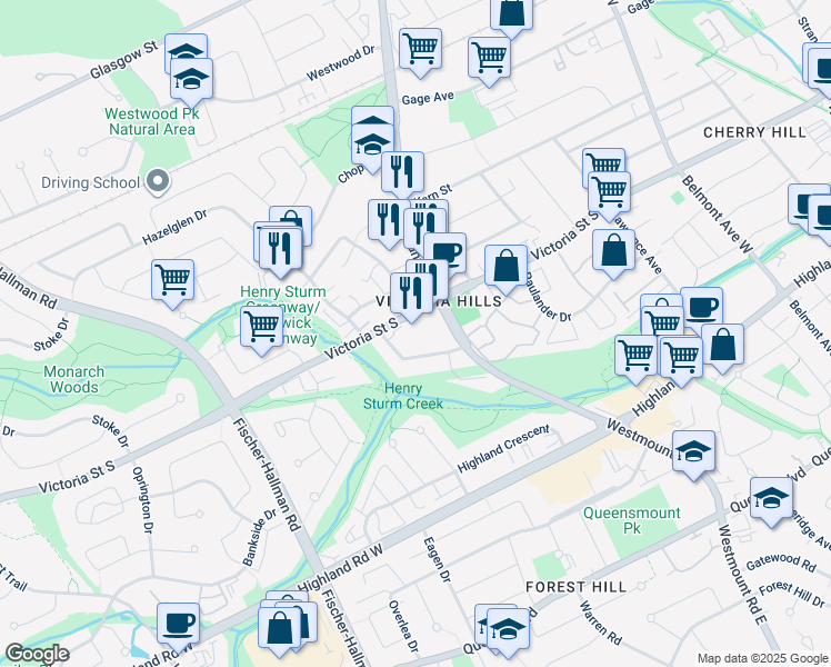 map of restaurants, bars, coffee shops, grocery stores, and more near 751 Victoria Street South in Kitchener