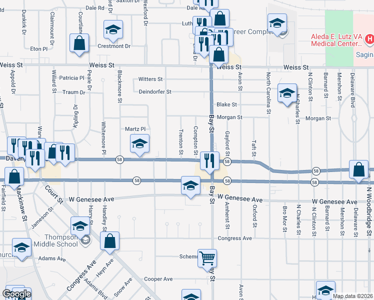 map of restaurants, bars, coffee shops, grocery stores, and more near 2222 Trenton Street in Saginaw