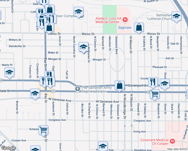map of restaurants, bars, coffee shops, grocery stores, and more near 2225 North Clinton Street in Saginaw