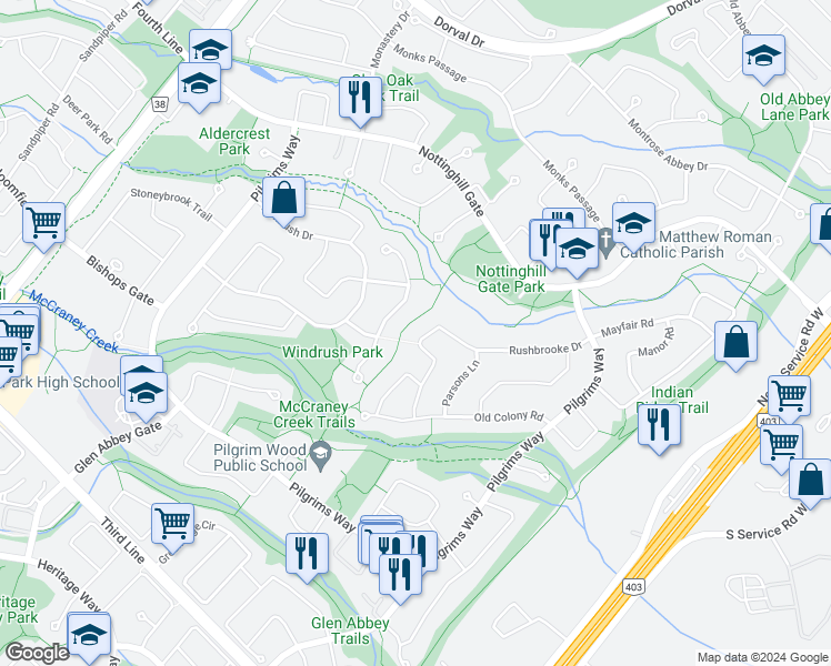 map of restaurants, bars, coffee shops, grocery stores, and more near 1219 Rushbrooke Drive in Oakville