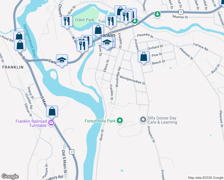map of restaurants, bars, coffee shops, grocery stores, and more near 342 Franklin St in Franklin