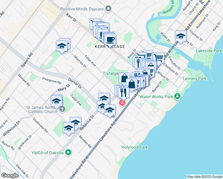 map of restaurants, bars, coffee shops, grocery stores, and more near 169 Maurice Drive in Oakville