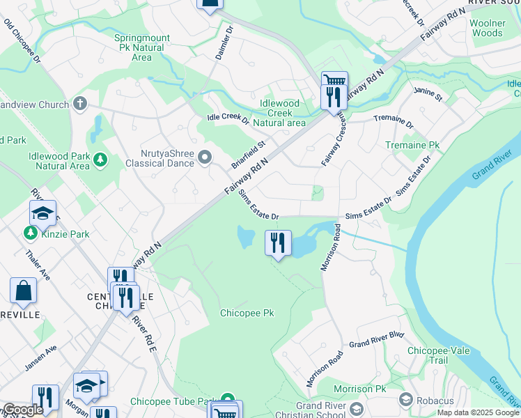 map of restaurants, bars, coffee shops, grocery stores, and more near 103 Sims Estate Drive in Kitchener