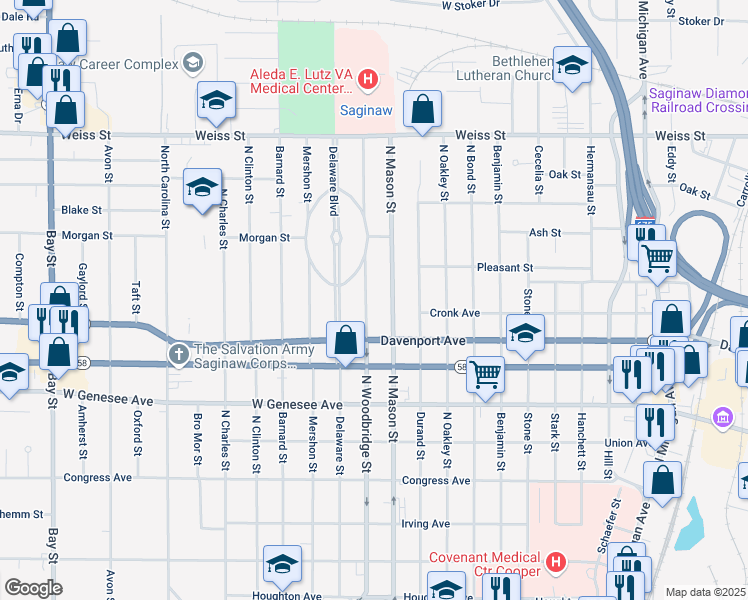 map of restaurants, bars, coffee shops, grocery stores, and more near 2311 North Mason Street in Saginaw