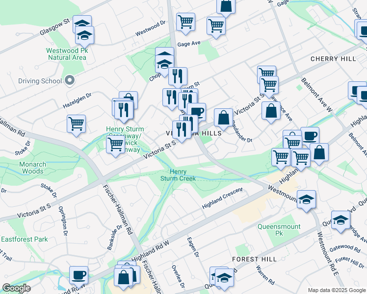 map of restaurants, bars, coffee shops, grocery stores, and more near 751 Victoria Street South in Kitchener