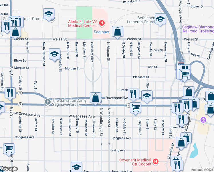 map of restaurants, bars, coffee shops, grocery stores, and more near 2311 North Mason Street in Saginaw