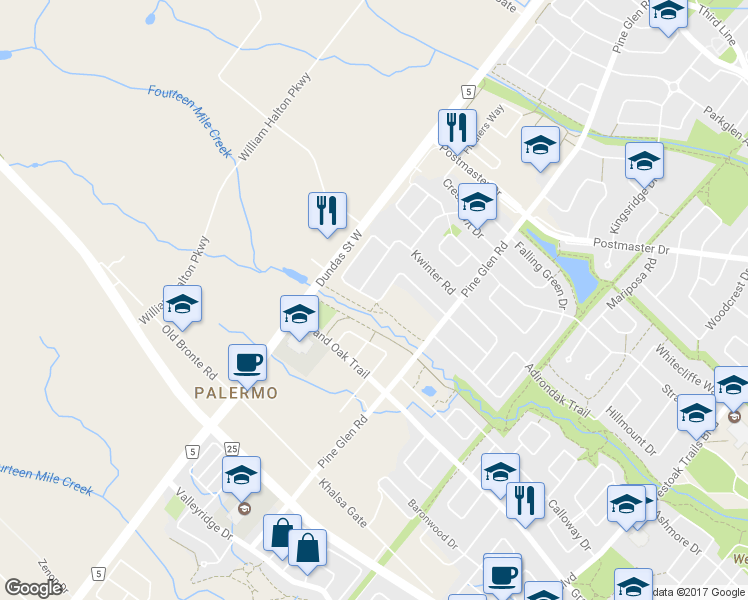map of restaurants, bars, coffee shops, grocery stores, and more near 2382 Millstone Drive in Oakville