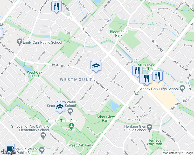 map of restaurants, bars, coffee shops, grocery stores, and more near 2089 Golden Orchard Trail in Oakville