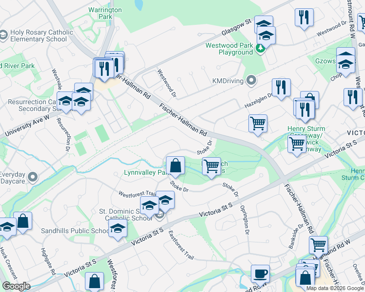 map of restaurants, bars, coffee shops, grocery stores, and more near 207 Stoke Drive in Kitchener
