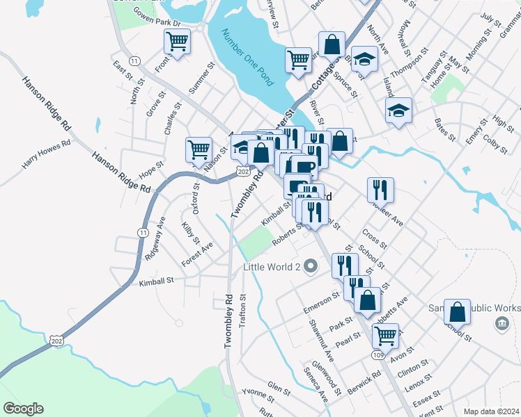 map of restaurants, bars, coffee shops, grocery stores, and more near 16 Prescott Street in Sanford