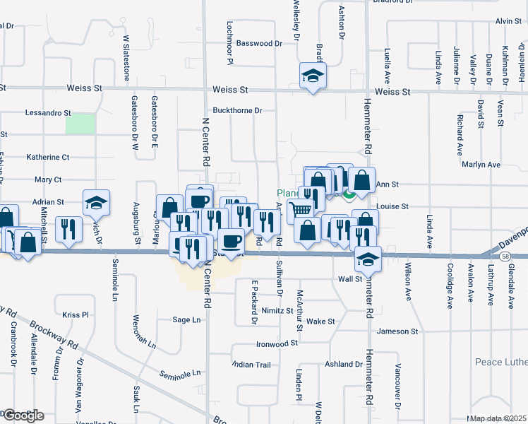 map of restaurants, bars, coffee shops, grocery stores, and more near 2111 Bock Road in Saginaw
