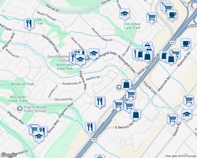 map of restaurants, bars, coffee shops, grocery stores, and more near 1108 Mayfair Road in Oakville