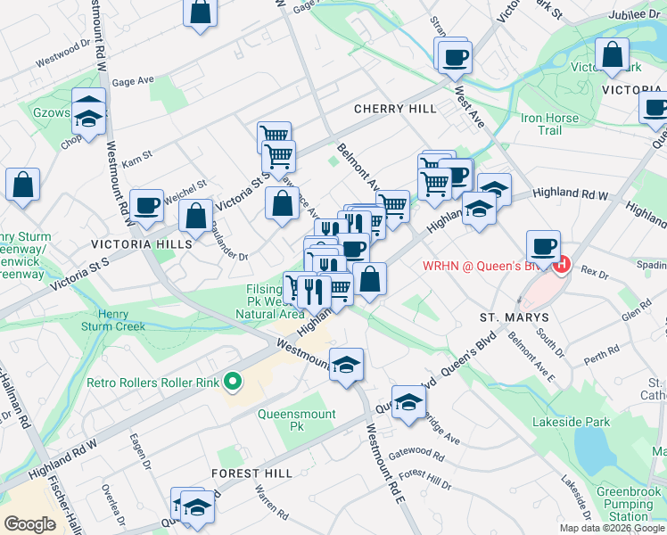 map of restaurants, bars, coffee shops, grocery stores, and more near 370 Highland Road West in Kitchener