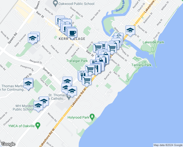 map of restaurants, bars, coffee shops, grocery stores, and more near 113 Brock Street in Oakville
