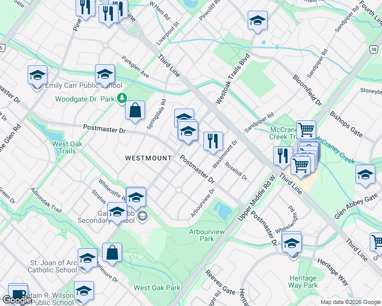 map of restaurants, bars, coffee shops, grocery stores, and more near 2087 Golden Orchard Trail in Oakville