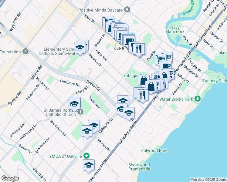 map of restaurants, bars, coffee shops, grocery stores, and more near 224 Deane Avenue in Oakville