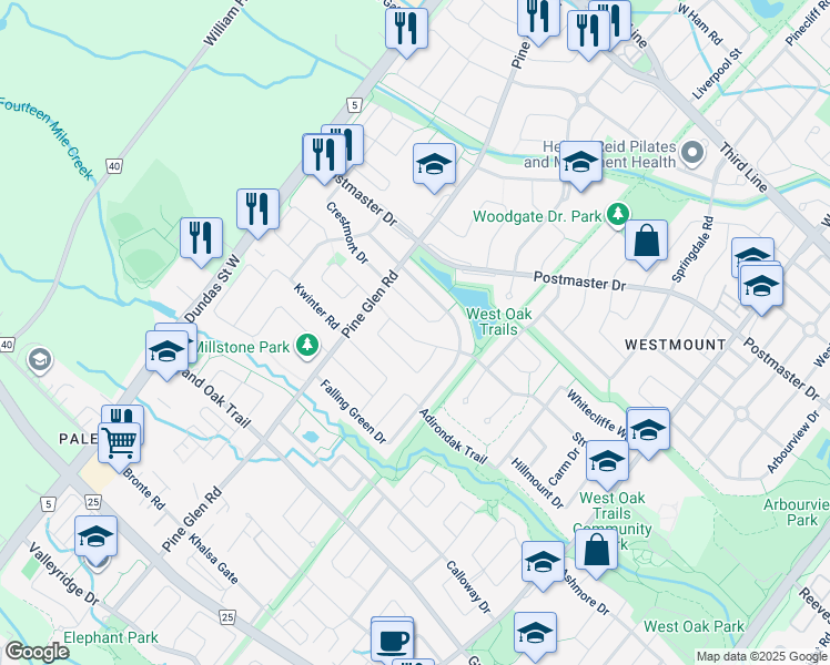map of restaurants, bars, coffee shops, grocery stores, and more near 2247 Briargrove Circle in Oakville