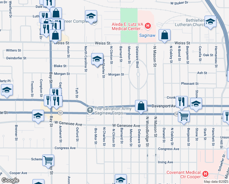 map of restaurants, bars, coffee shops, grocery stores, and more near 2225 North Clinton Street in Saginaw