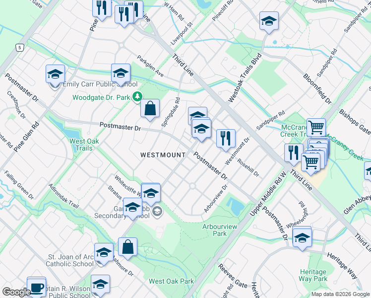 map of restaurants, bars, coffee shops, grocery stores, and more near 2166 Postmaster Drive in Oakville