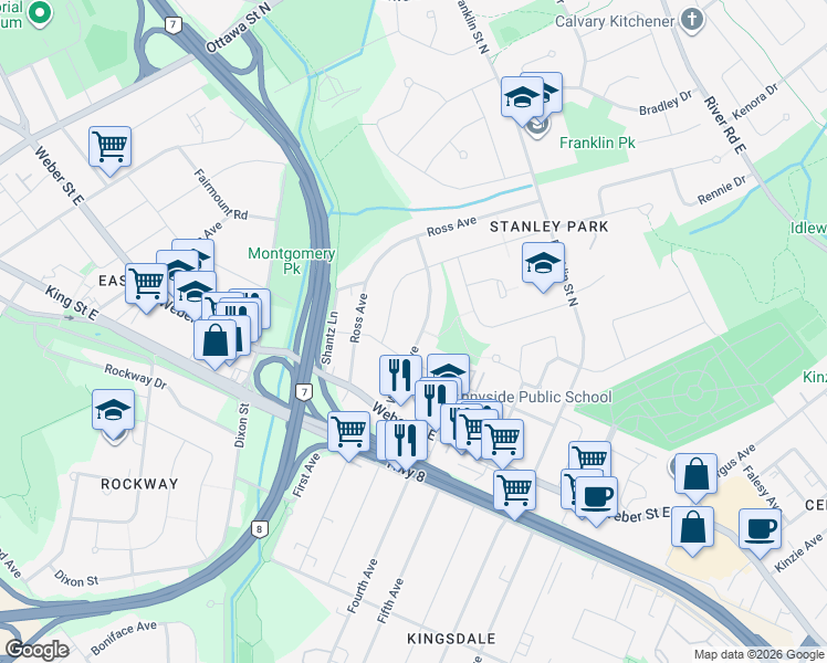 map of restaurants, bars, coffee shops, grocery stores, and more near 128 Wilfred Avenue in Kitchener