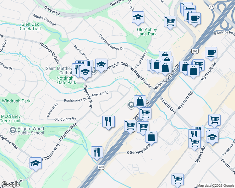 map of restaurants, bars, coffee shops, grocery stores, and more near 1076 Mayfair Road in Oakville