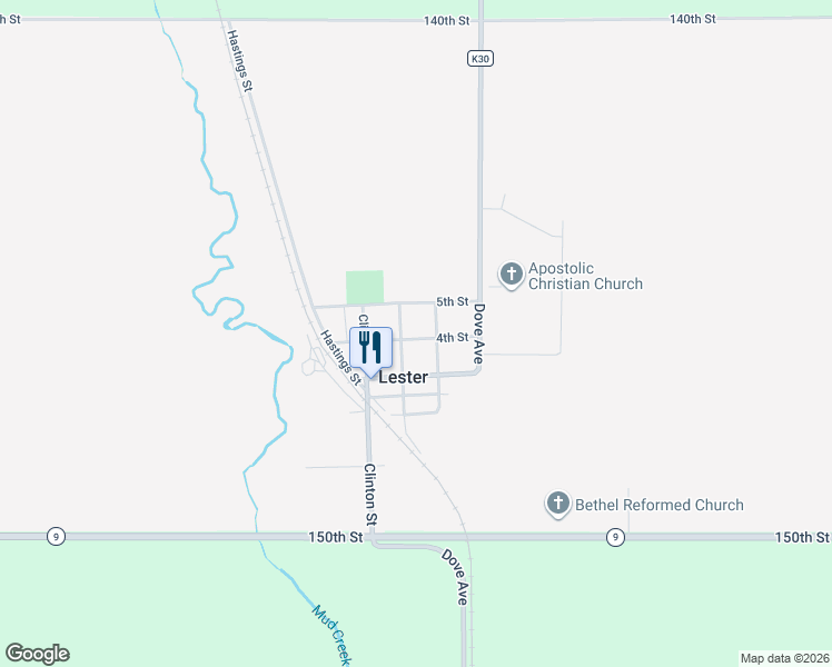map of restaurants, bars, coffee shops, grocery stores, and more near 301 4th Street in Lester