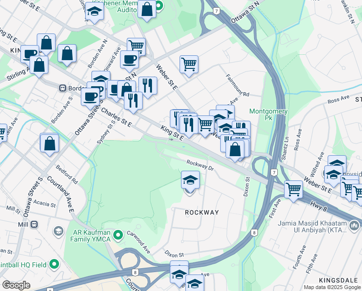 map of restaurants, bars, coffee shops, grocery stores, and more near 7 Floral Crescent in Kitchener