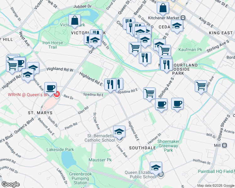 map of restaurants, bars, coffee shops, grocery stores, and more near 261 Spadina Road East in Kitchener