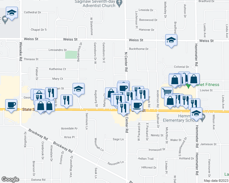 map of restaurants, bars, coffee shops, grocery stores, and more near 2000 Rolling Green Place in Saginaw