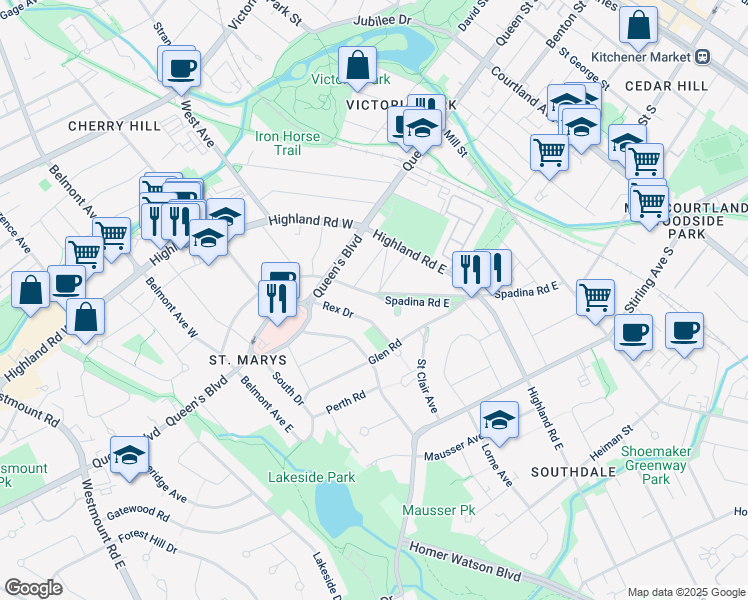 map of restaurants, bars, coffee shops, grocery stores, and more near 55 Spadina Road East in Kitchener