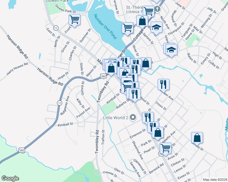 map of restaurants, bars, coffee shops, grocery stores, and more near 16 Prescott Street in Sanford