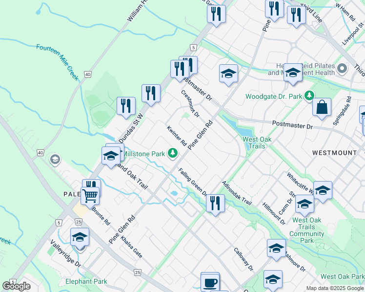 map of restaurants, bars, coffee shops, grocery stores, and more near 2314 Kwinter Road in Oakville