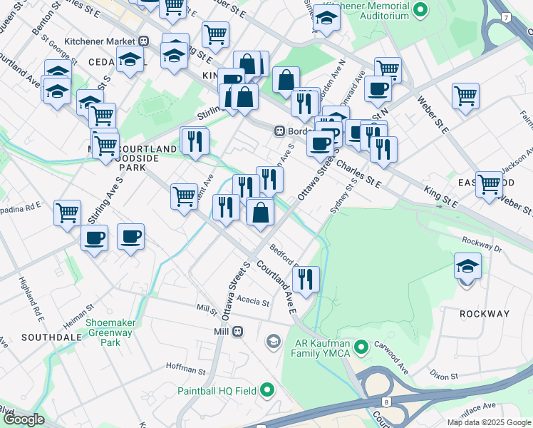 map of restaurants, bars, coffee shops, grocery stores, and more near 405 Nyberg Street in Kitchener