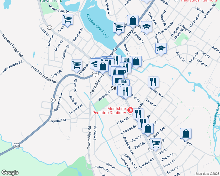 map of restaurants, bars, coffee shops, grocery stores, and more near 12 Kimball Street in Sanford