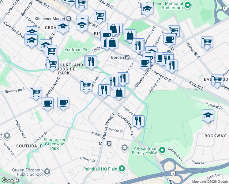 map of restaurants, bars, coffee shops, grocery stores, and more near 175 Borden Avenue South in Kitchener