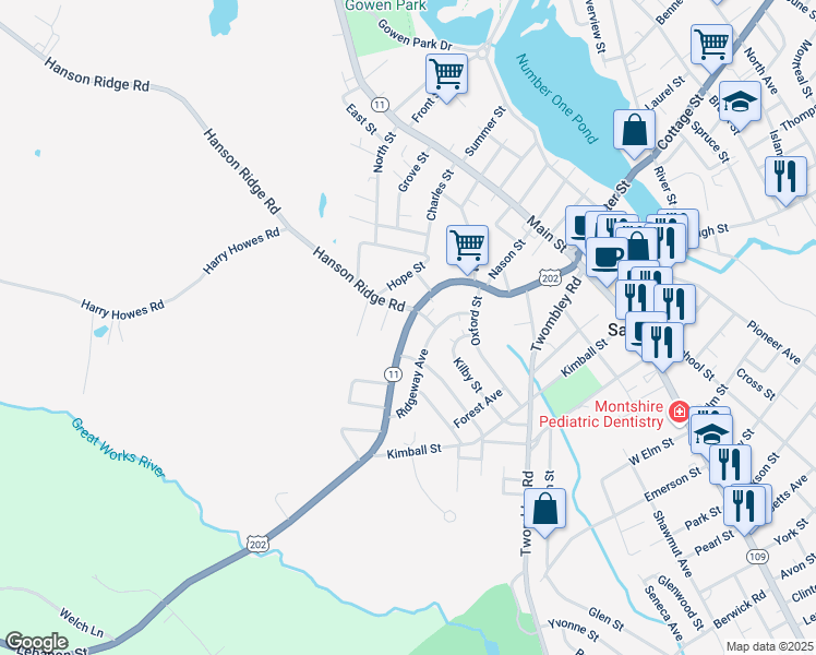 map of restaurants, bars, coffee shops, grocery stores, and more near 52 Lebanon Street in Sanford