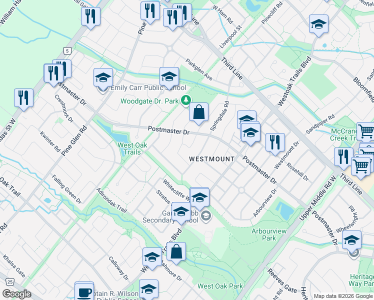 map of restaurants, bars, coffee shops, grocery stores, and more near 2182 Meadowglen Drive in Oakville
