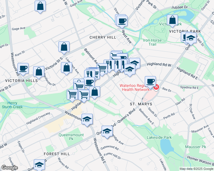 map of restaurants, bars, coffee shops, grocery stores, and more near 127 Roxborough Avenue in Kitchener