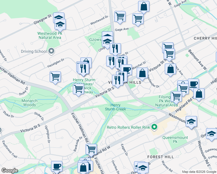 map of restaurants, bars, coffee shops, grocery stores, and more near 24 Mooregate Crescent in Kitchener