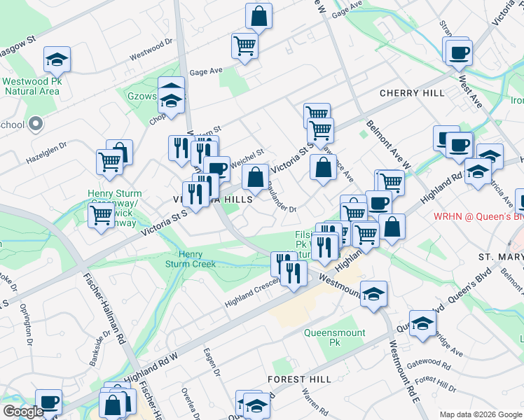 map of restaurants, bars, coffee shops, grocery stores, and more near 51 Paulander Drive in Kitchener