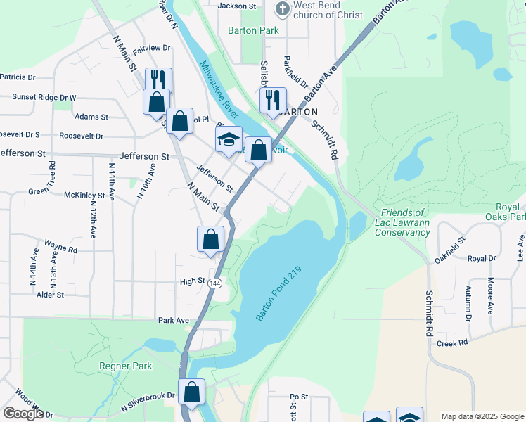 map of restaurants, bars, coffee shops, grocery stores, and more near 209 Roosevelt Drive in West Bend