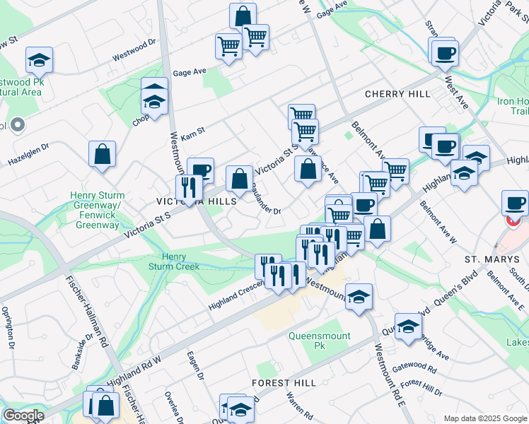 map of restaurants, bars, coffee shops, grocery stores, and more near 39 Paulander Drive in Kitchener
