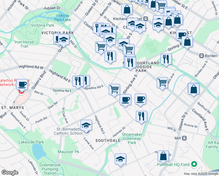 map of restaurants, bars, coffee shops, grocery stores, and more near 271 Madison Avenue South in Kitchener