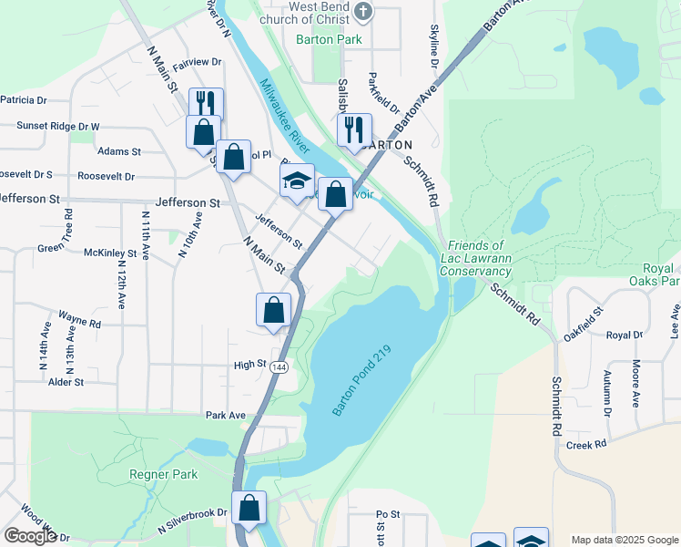 map of restaurants, bars, coffee shops, grocery stores, and more near 1385 North Main Street in West Bend